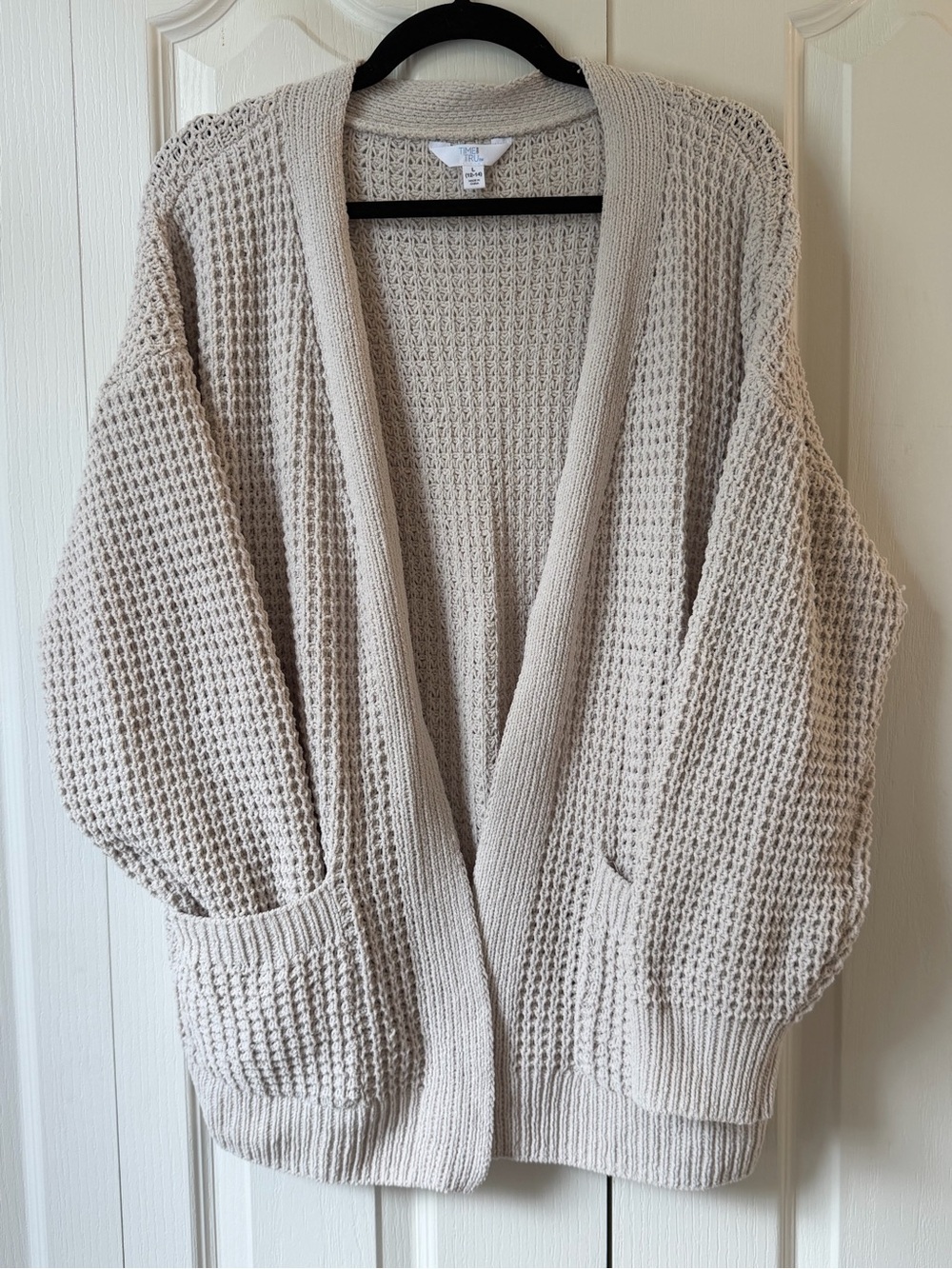Time and Tru Open-Front Waffle Knit Cardigan in Beige